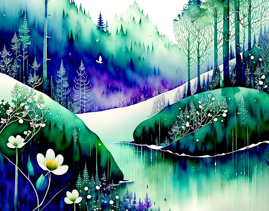 Stylized artwork of serene snowy landscape with river, trees, mountains