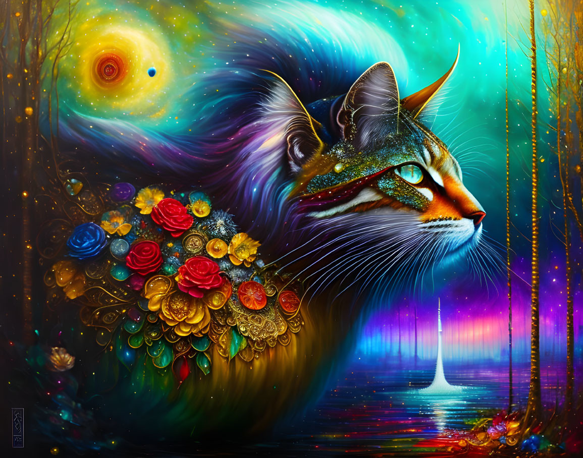 Colorful Cosmic Cat Painting with Galaxies and Flowers