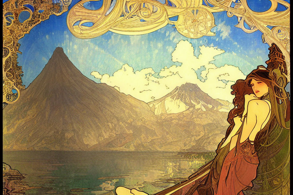 Art Nouveau Style Woman Illustration by Lake & Mountains