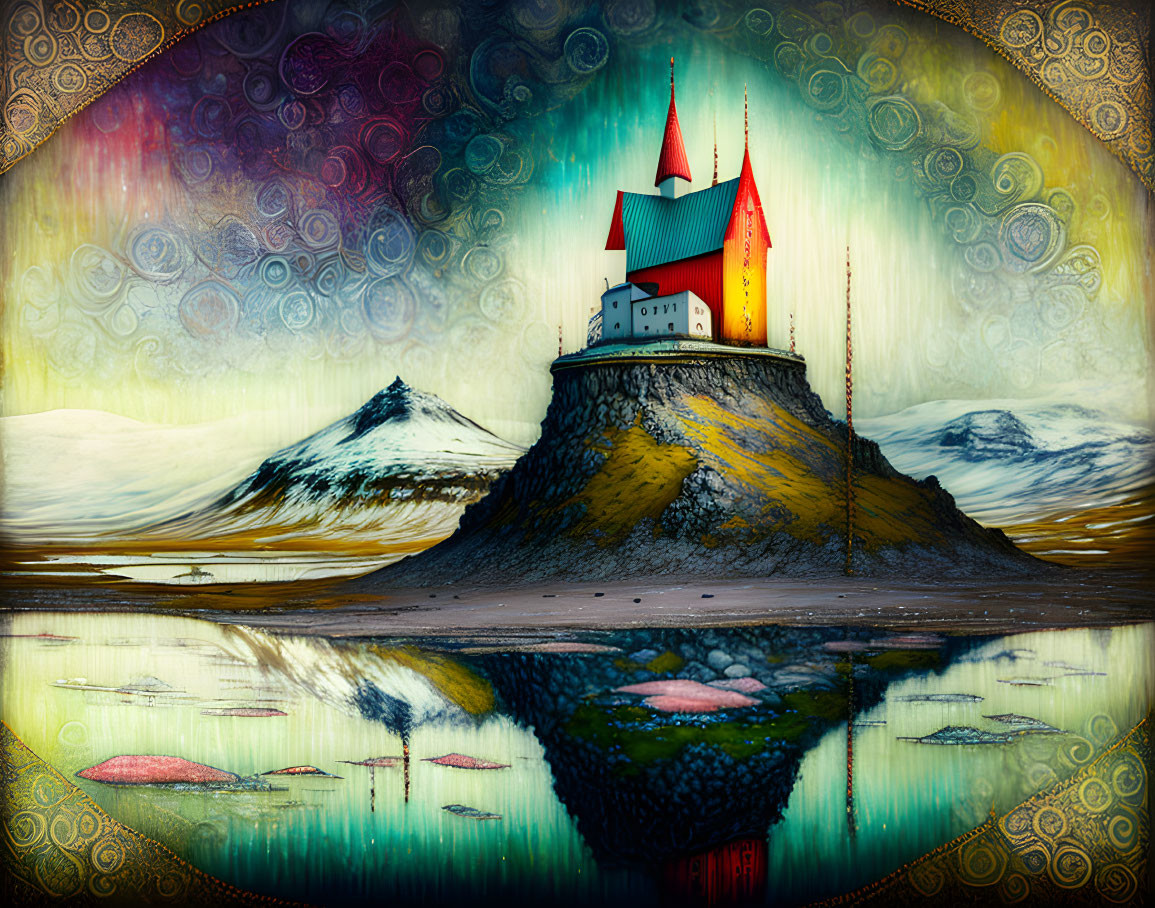 Digitally created vibrant castle scene with red roofs, snowy mountains, and psychedelic sky