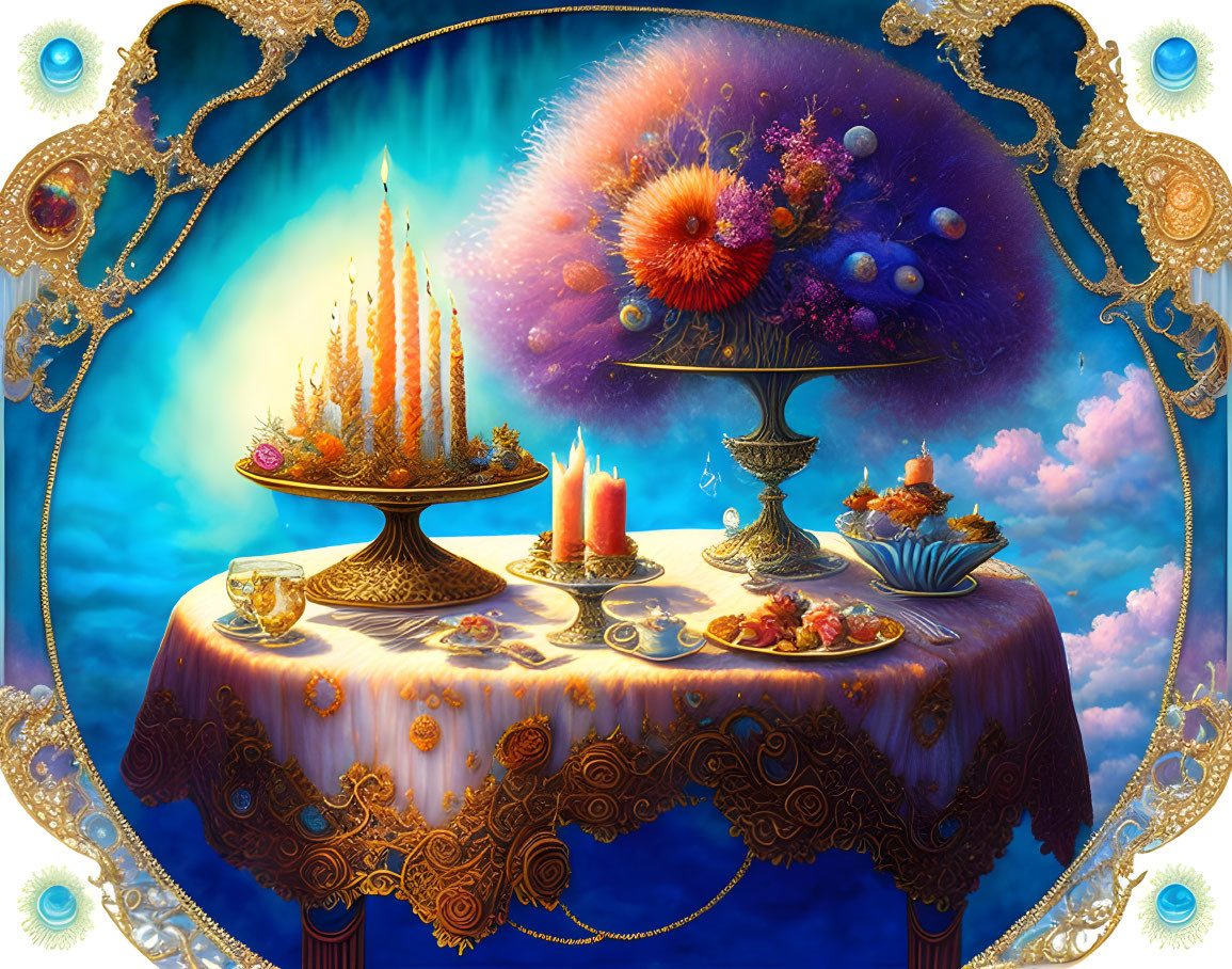 Fantastical image: ornate mirrors, surreal banquet table, cosmic background