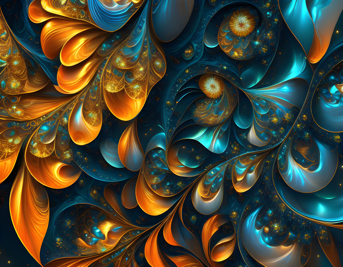 Detailed Blue and Gold Fractal Image with Swirling Patterns