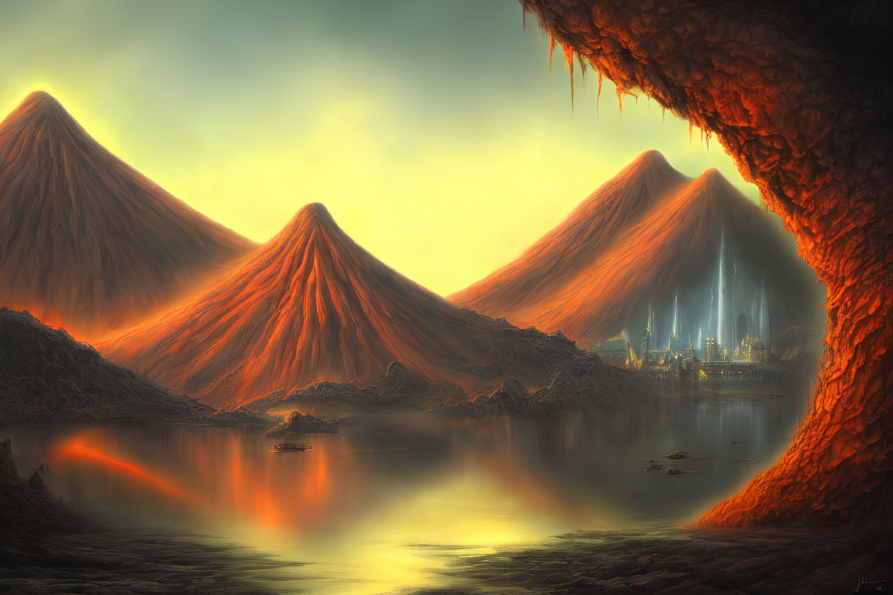 Symmetric Volcanoes and Futuristic City in Surreal Landscape