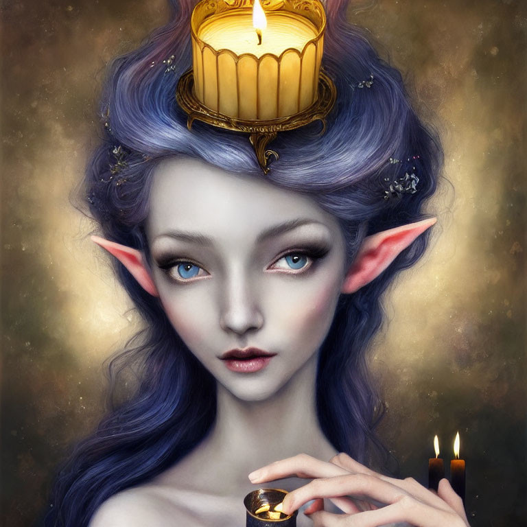 Fantasy female character with blue hair holding a candle under chandelier