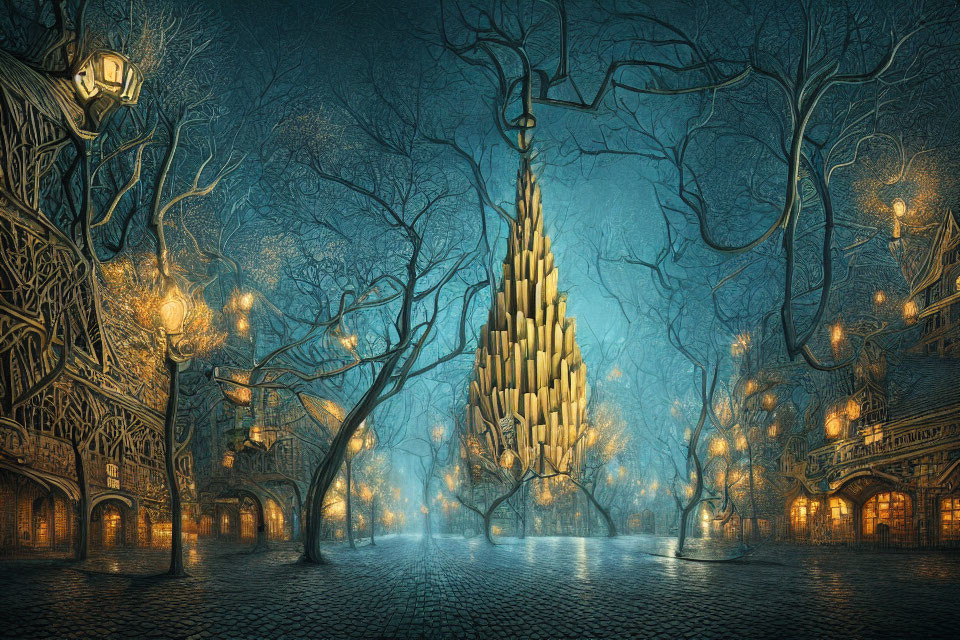 Fantasy-themed illustration of cobblestone square with glowing structure