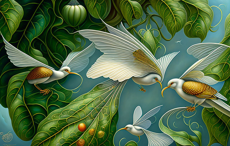 Golden birds with leaf-like wings flying amid green foliage and swirling patterns.