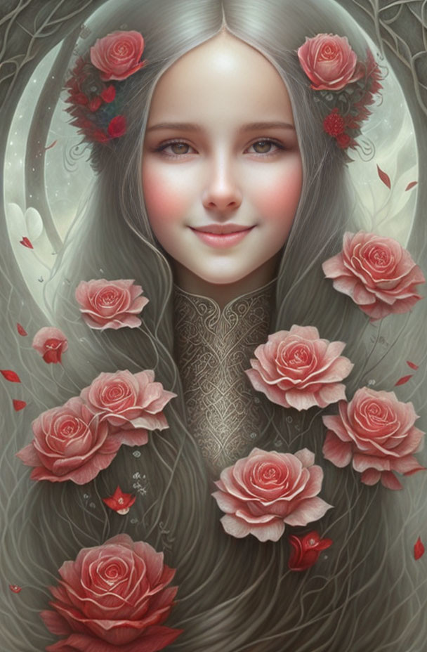 Digital painting of young girl with serene smile and red roses in gray hair