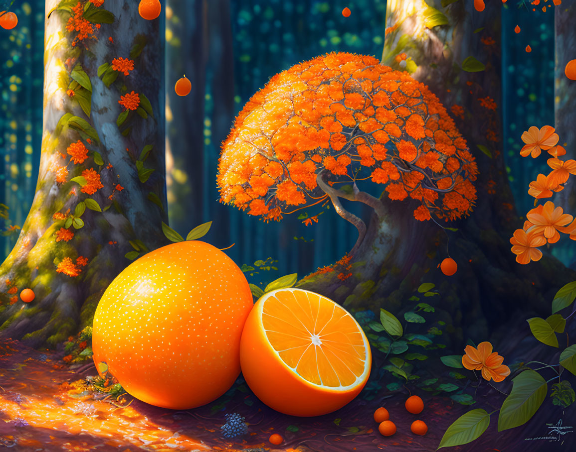 Vibrant forest with orange slice-like trees and foliage