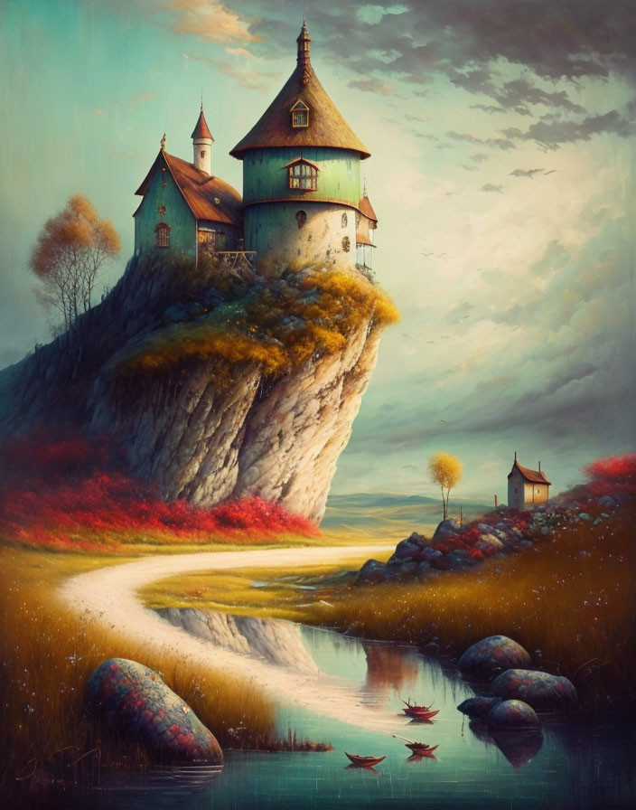 Vibrant landscape with castle on cliff, winding path, river & dramatic sky