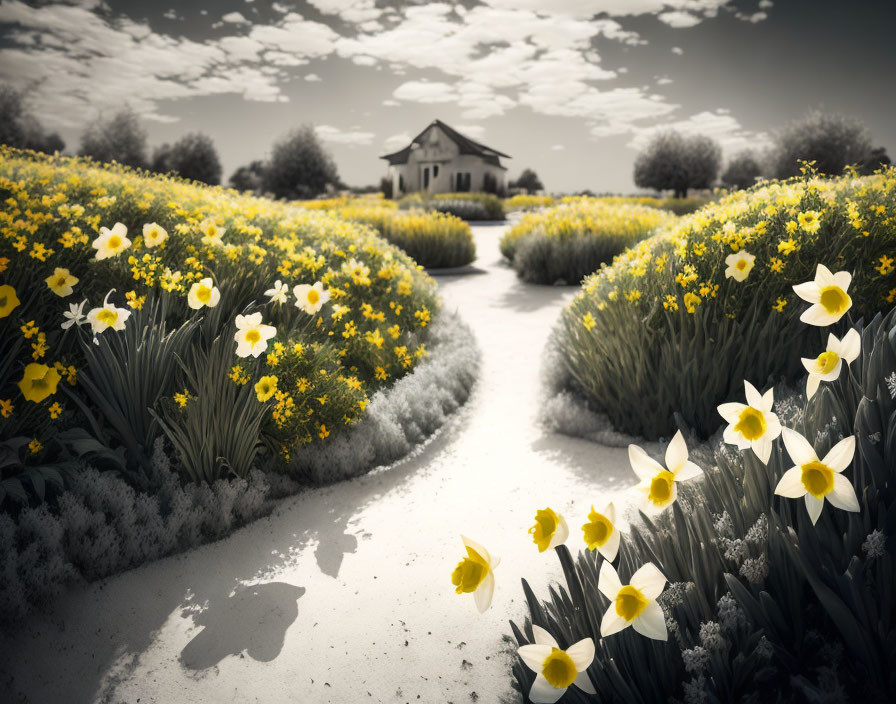 Scenic garden path with yellow daffodils and lush greenery by quaint house