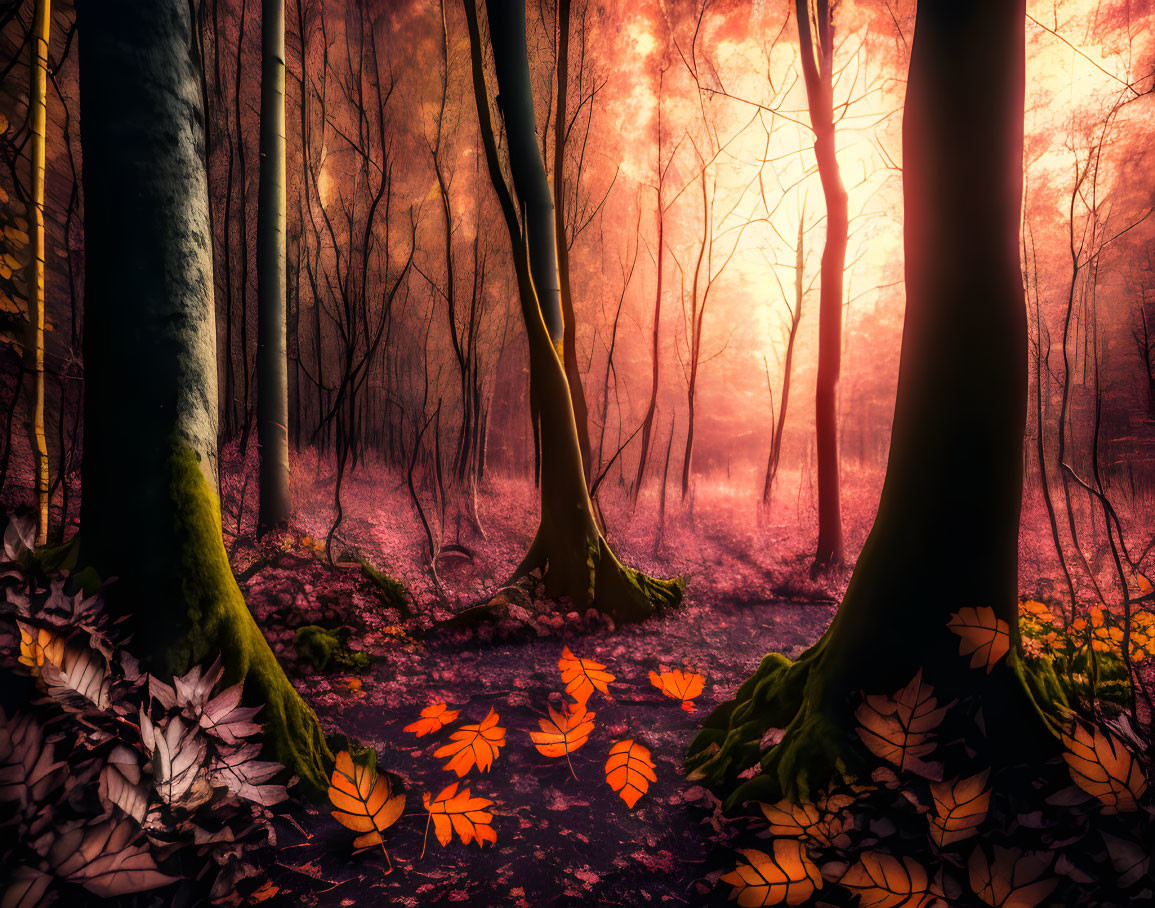 Autumn forest scene with tall trees and sunlit leaves