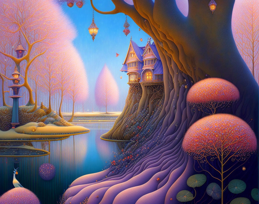 Colorful Fantasy Landscape with Purple Tree and Small House