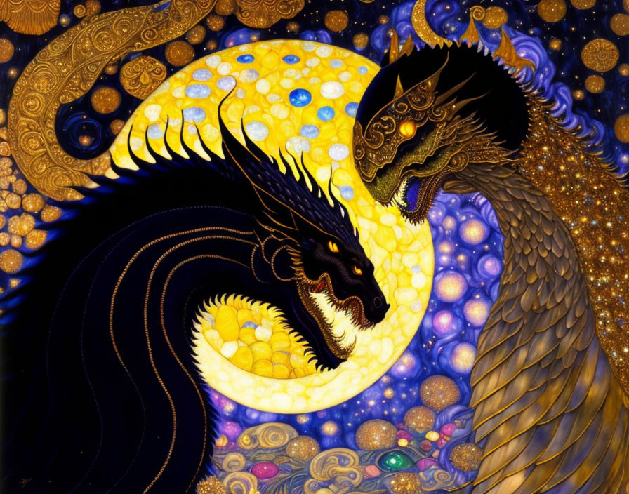 Colorful Black Dragon Artwork with Gold Details on Luminous Sphere