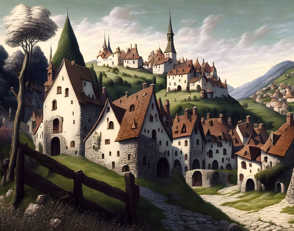 Medieval village illustration with storybook houses and rolling hills