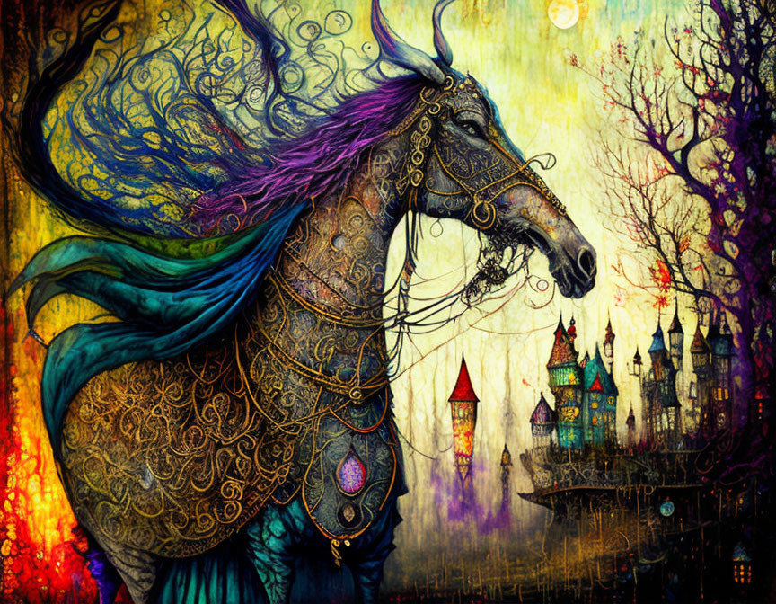 Ornate unicorn with flowing mane in whimsical background