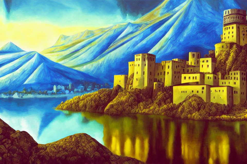 Scenic painting of lakeside village with yellow buildings and blue mountains