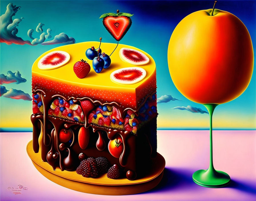 Colorful cake and oversized orange painting on blue background