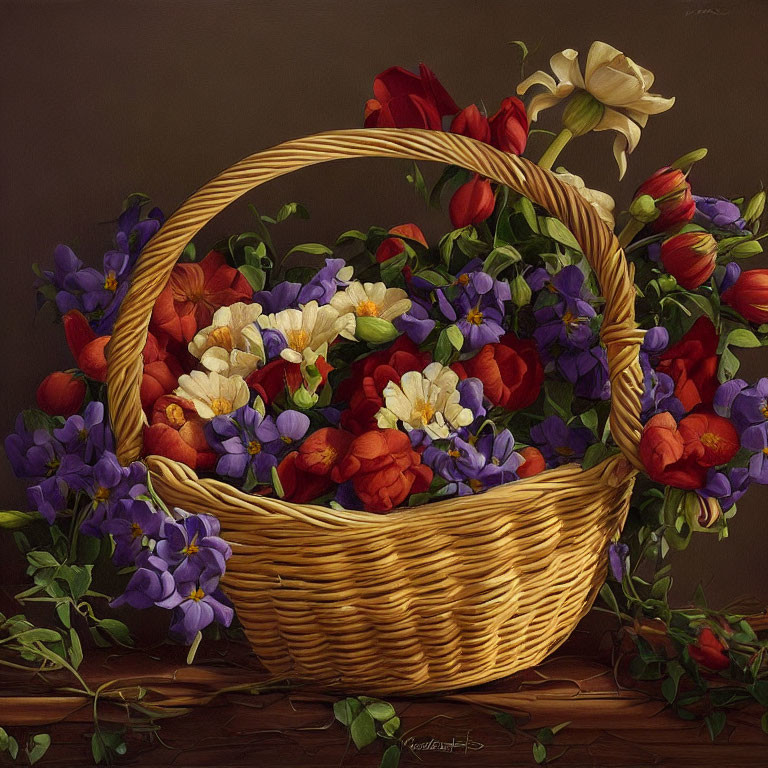 Colorful flower arrangement in wicker basket on dark background