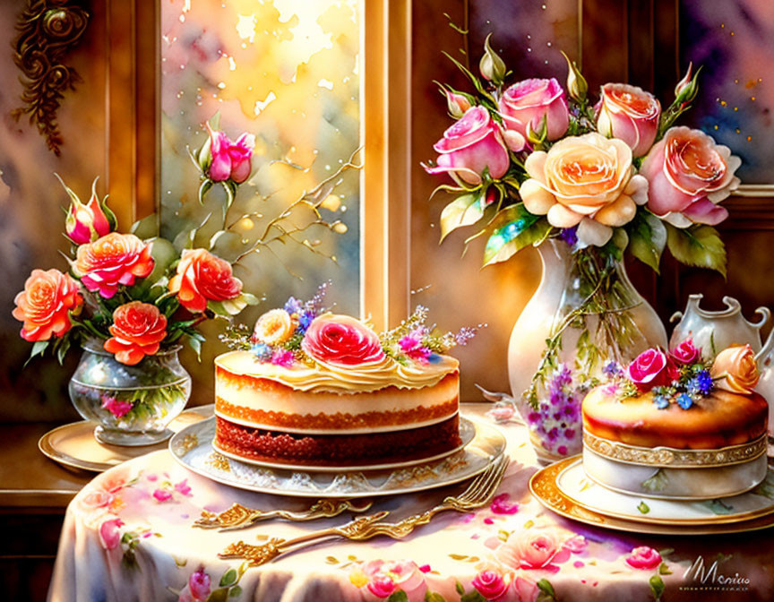 Colorful Still Life Painting with Table, Cake, Teapot, Roses, Raindrops, and Warm