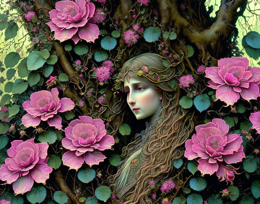 Woman's face blending with tree in nature scene with purple flowers and intricate details