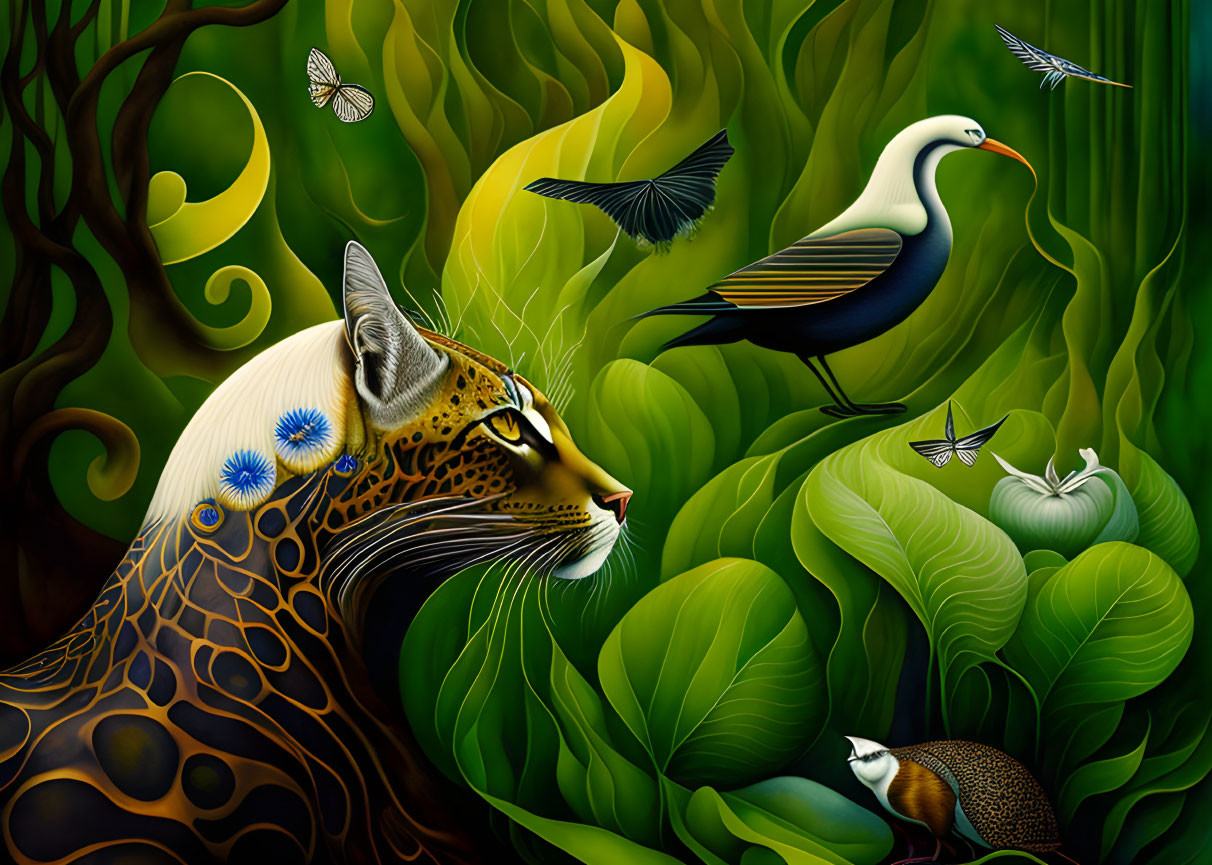 Colorful Jungle Scene with Leopard, Bird, and Butterflies