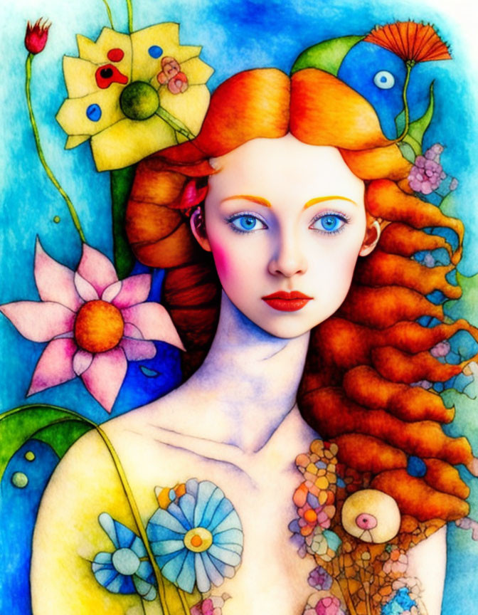 Colorful illustration: Woman with red hair and floral crown, blue eyes