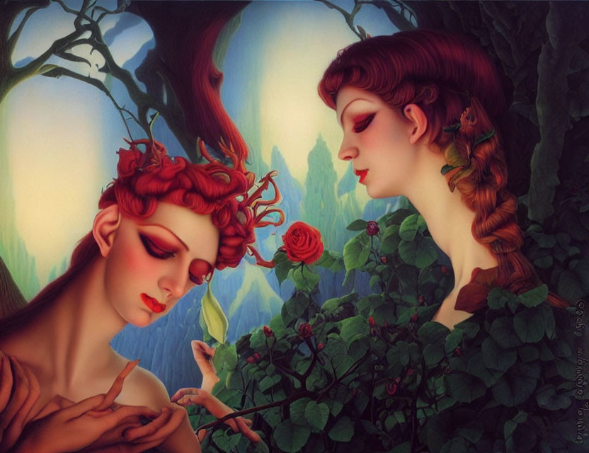 Stylized female figures with intricate hairstyles and rose in lush greenery landscape