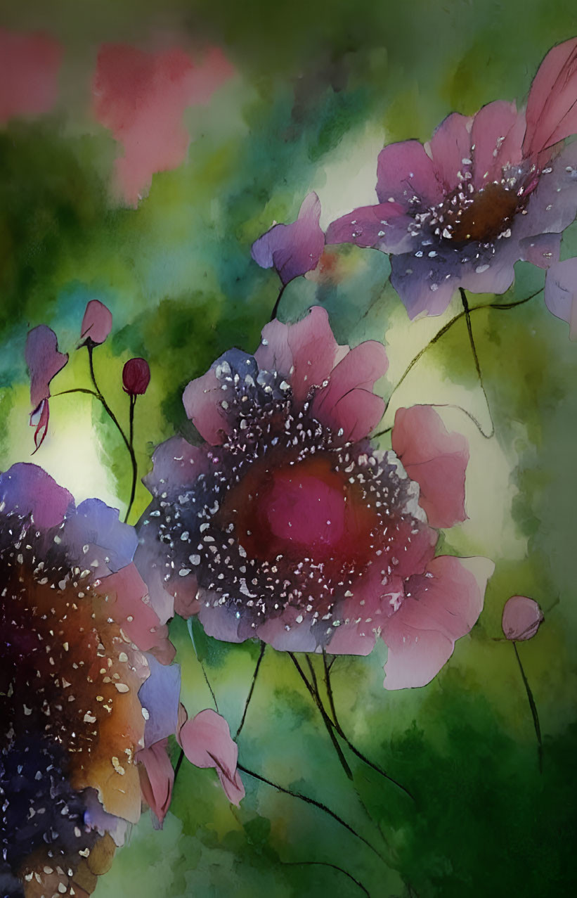 Delicate Pink and Purple Flowers in Watercolor