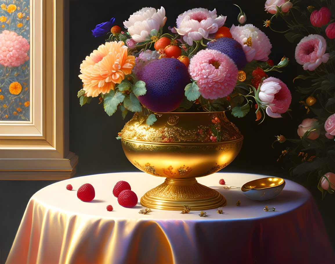 Golden bowl with fruits and flowers on draped table with spoon