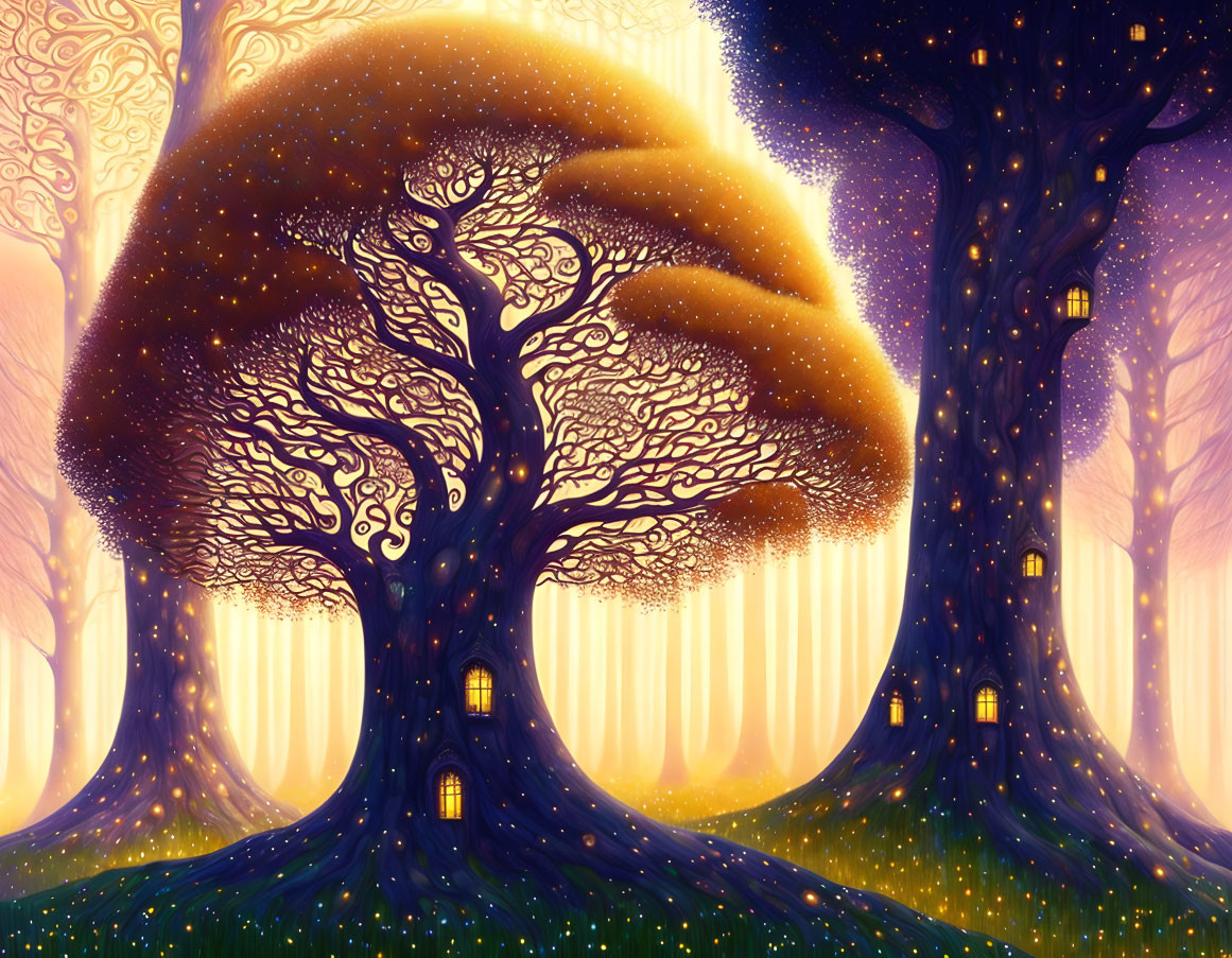 Stylized forest scene with glowing windows under starry sky