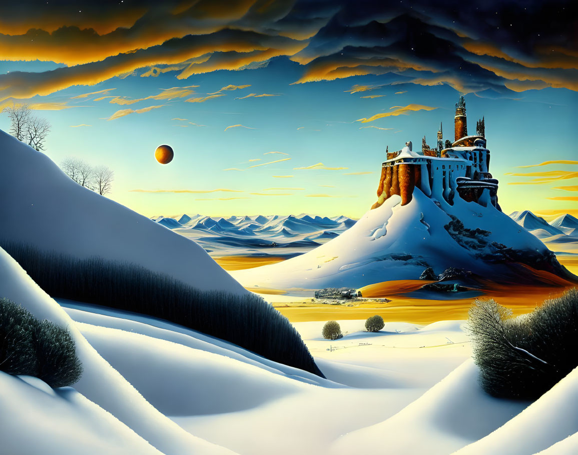 Surreal snow-covered landscape with castle, golden clouds, and dark planet