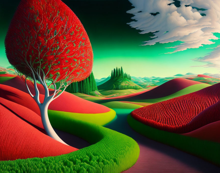 Vibrant surreal landscape with red paths, green hills, red-leaved tree, white clouds