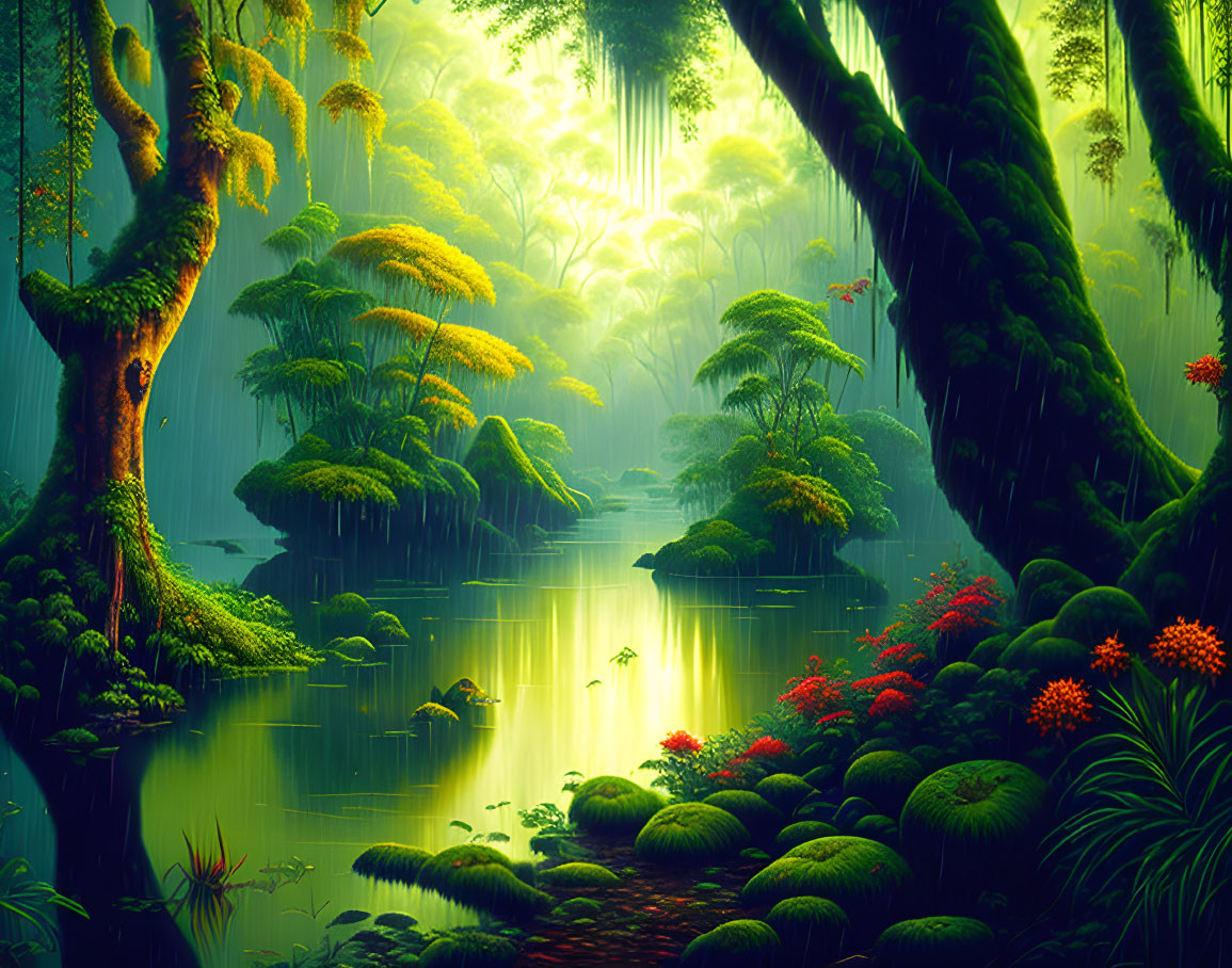 Tranquil river in lush green forest with sunlit mist