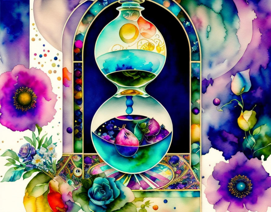 Whimsical hourglass seascape with colorful flowers