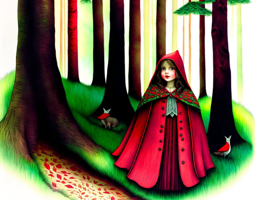 Illustration of Little Red Riding Hood in red cloak in colorful forest