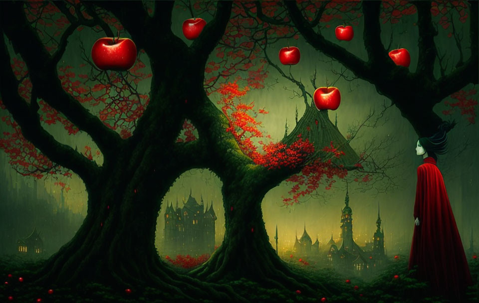 Surreal scene: Giant glowing red apples, person in red cloak, eerie castle silhouette