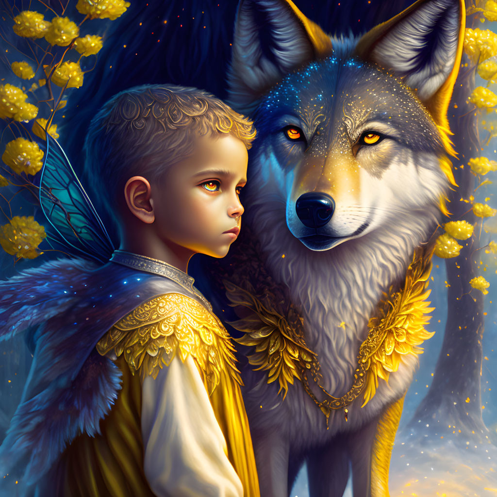 Young boy with golden winged attire and large wolf in mystical scene with yellow flowers.