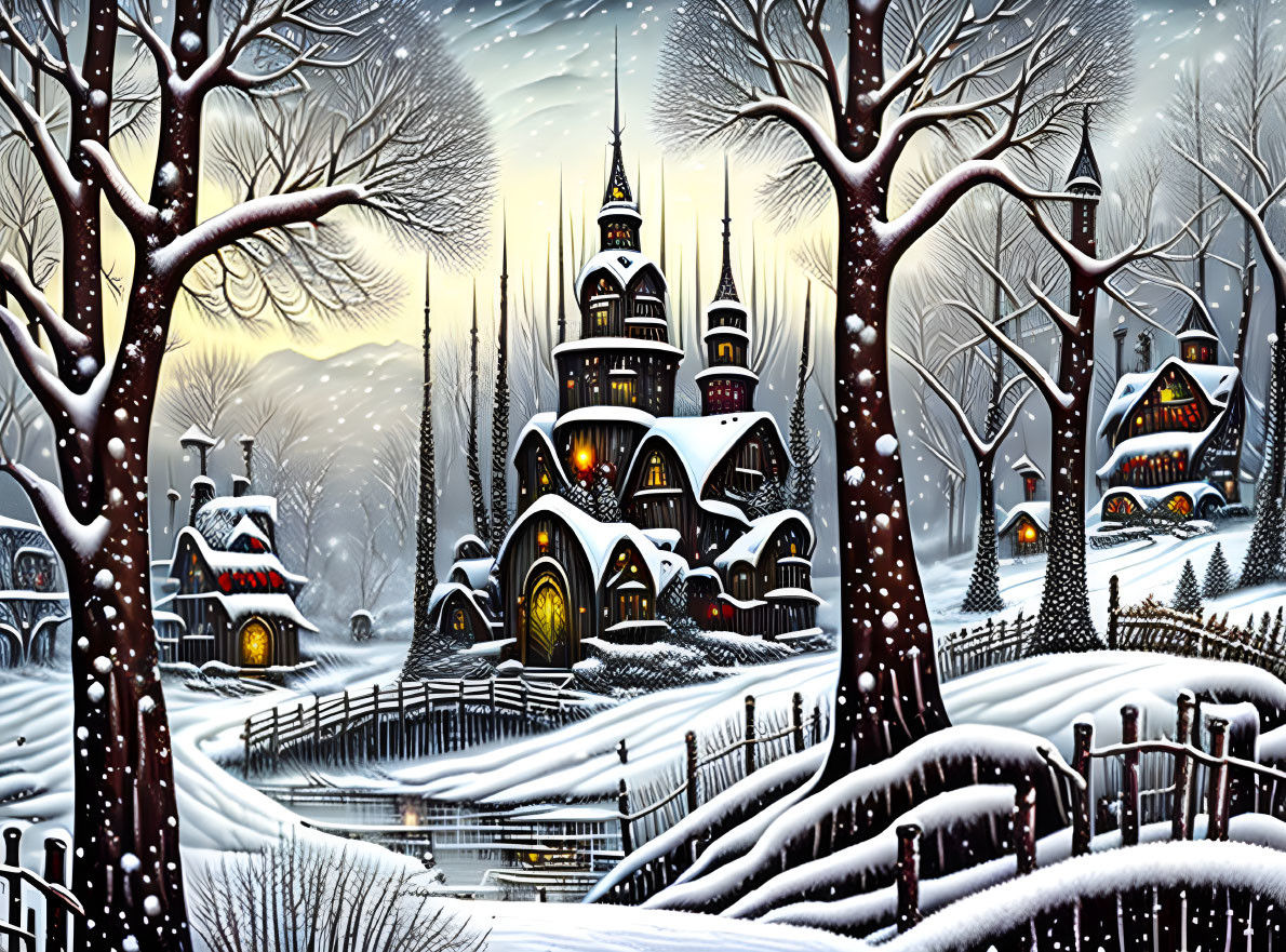 Snow-covered winter village with bridge and bare trees at twilight