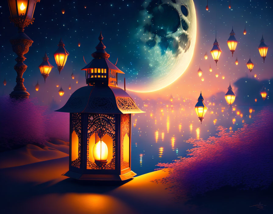 Ornate lantern lighting tranquil snowy night scene