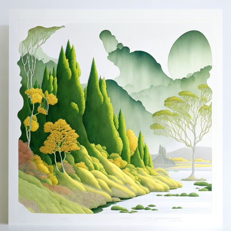 Serene green landscape art print with trees, hills, river, and sun/moon