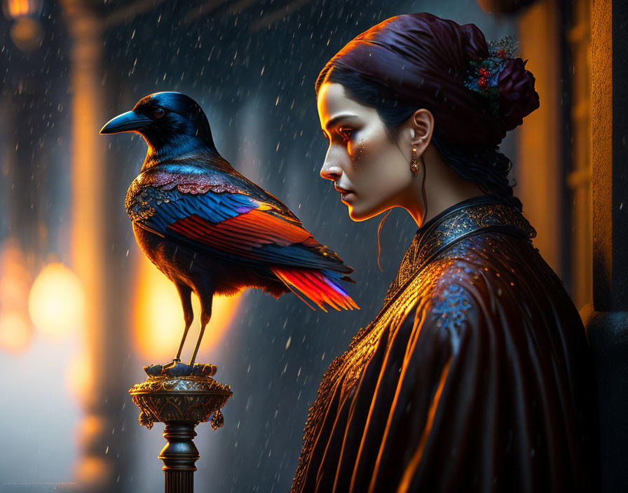 Woman in red headscarf and iridescent raven under warm light in rainy scene