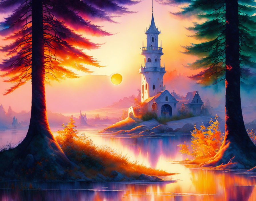 Fantasy landscape: majestic tower, large trees, tranquil lake, purple sunset