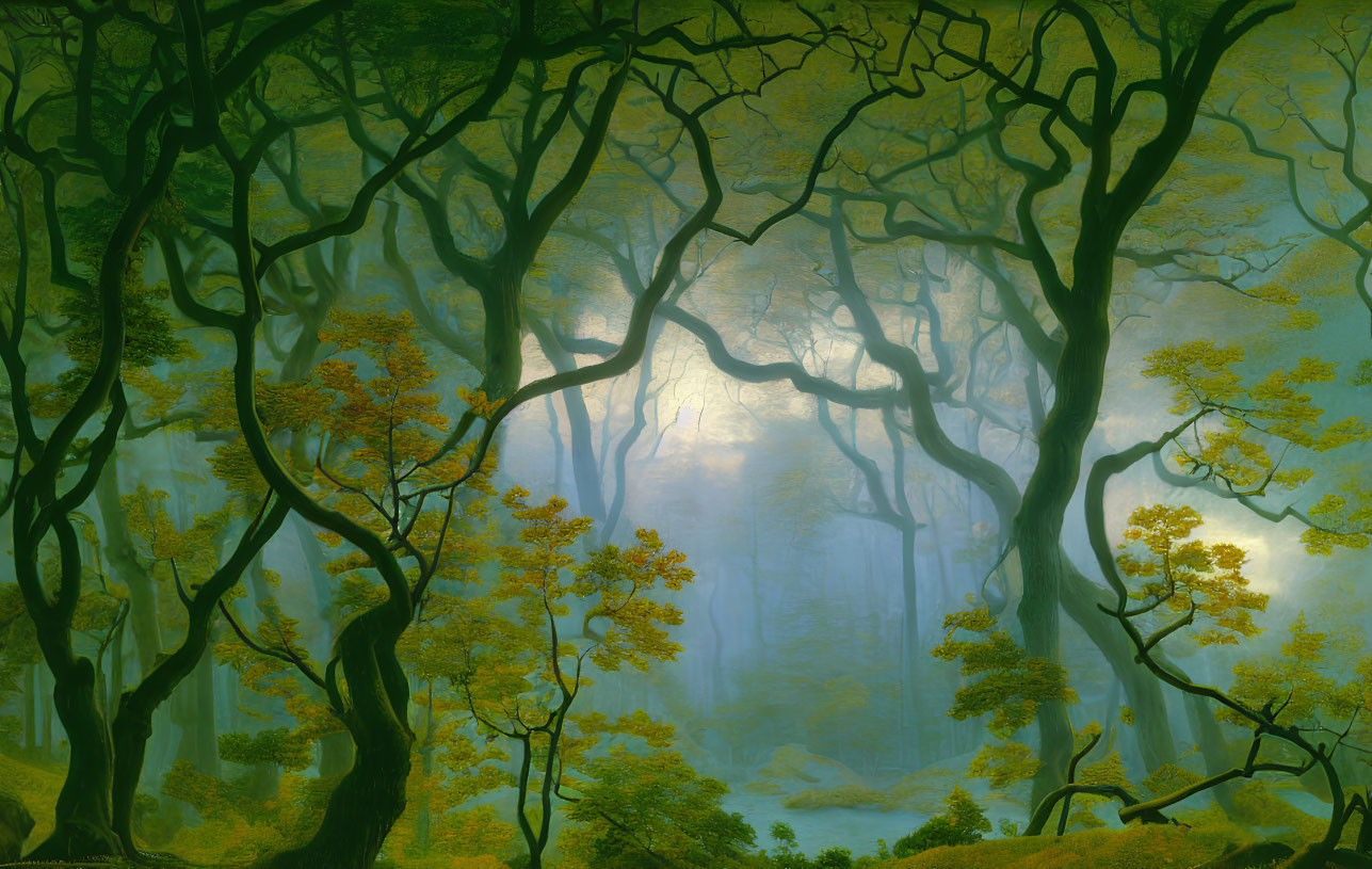 Ethereal forest scene with twisted trees and mystical foggy glow