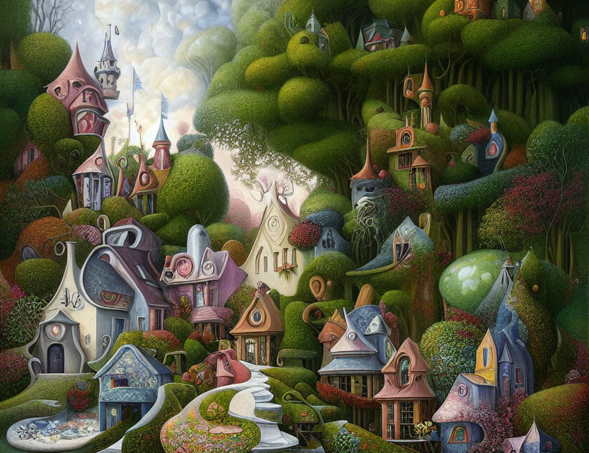 Colorful Fairy-Tale Houses in Whimsical Landscape