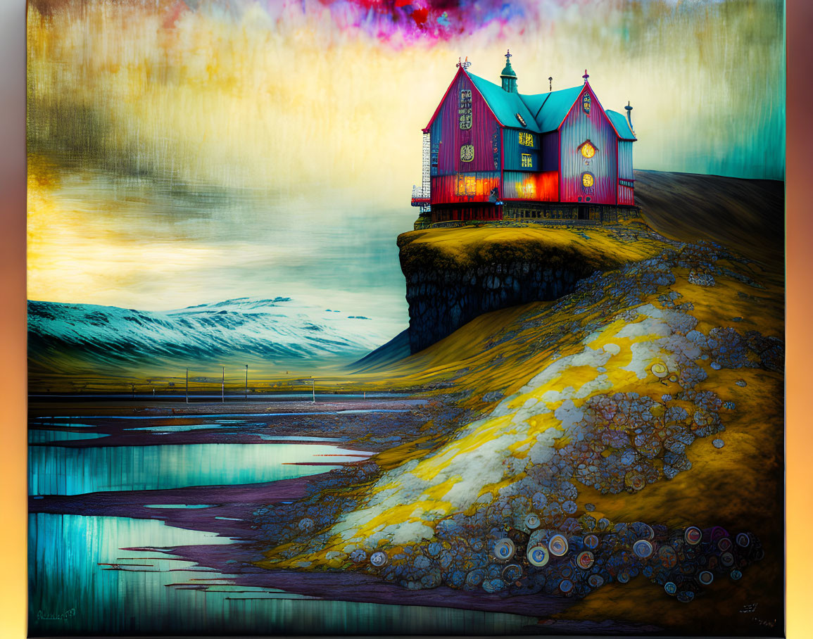 Colorful House on Cliff Overlooking River at Sunset