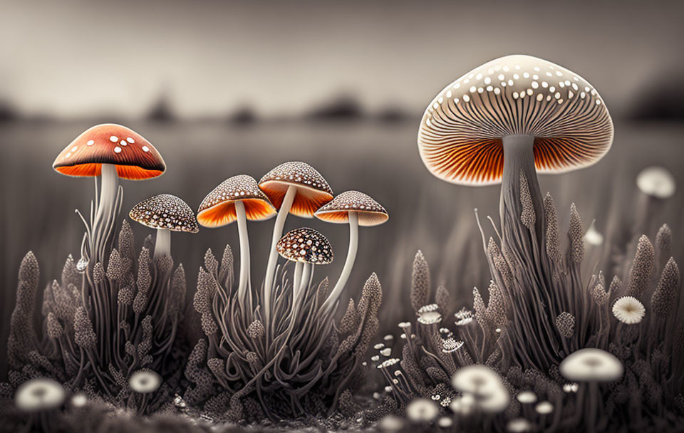 Various patterned mushrooms on blurred earthy backdrop with plant-like textures