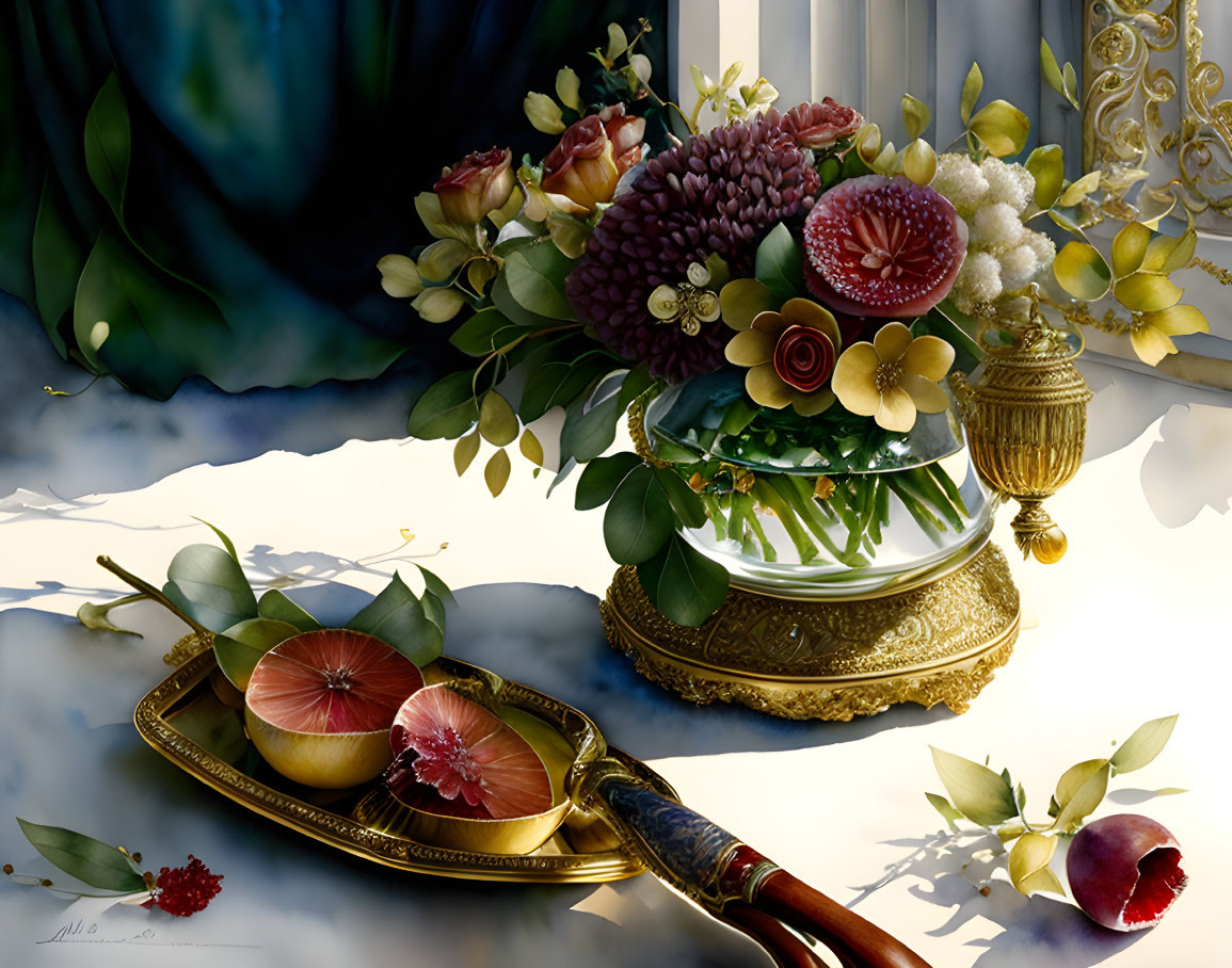 Vivid still life painting with bouquet, apples, and peacock feather