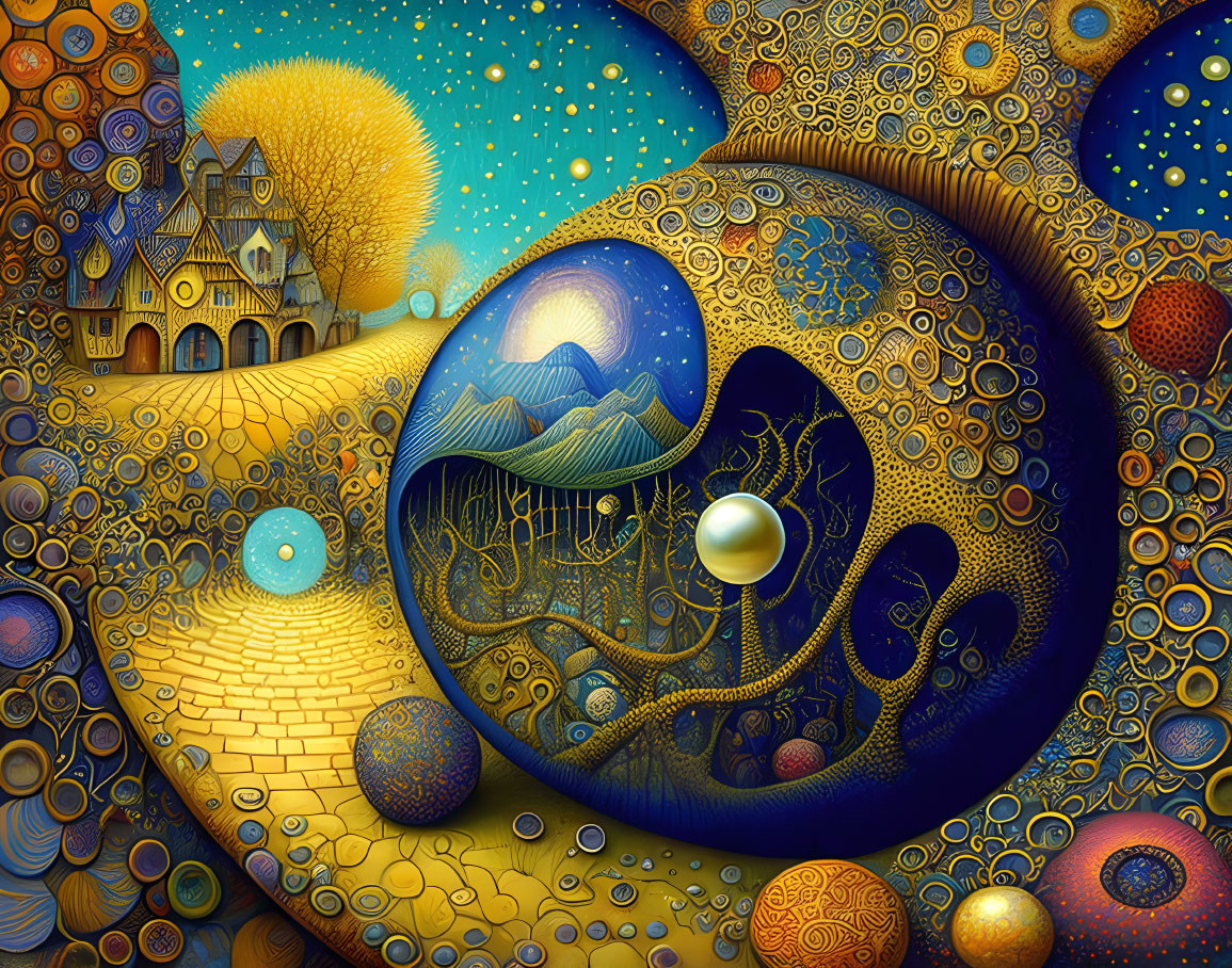 Surrealist artwork: swirling patterns, moon-like sphere, whimsical house, colorful orbs.