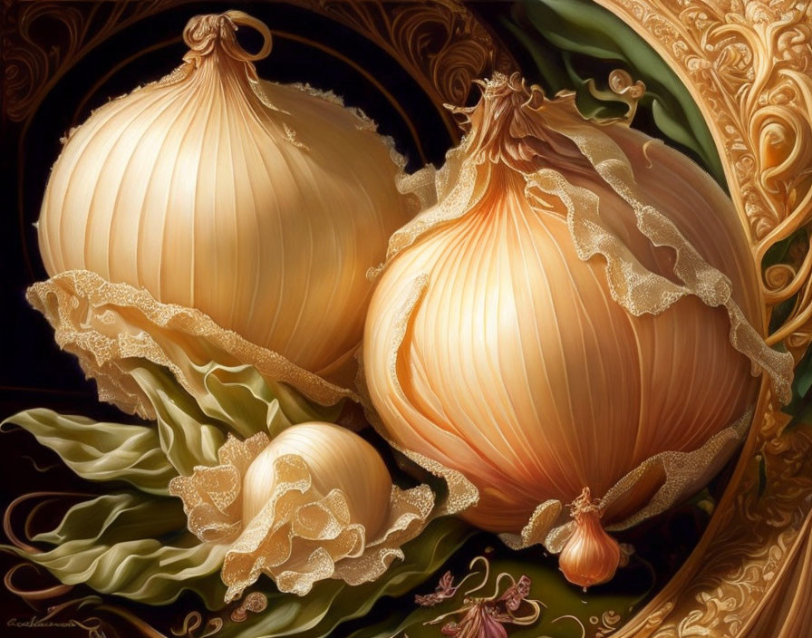 Detailed Baroque-style onion still-life painting with ornamental borders