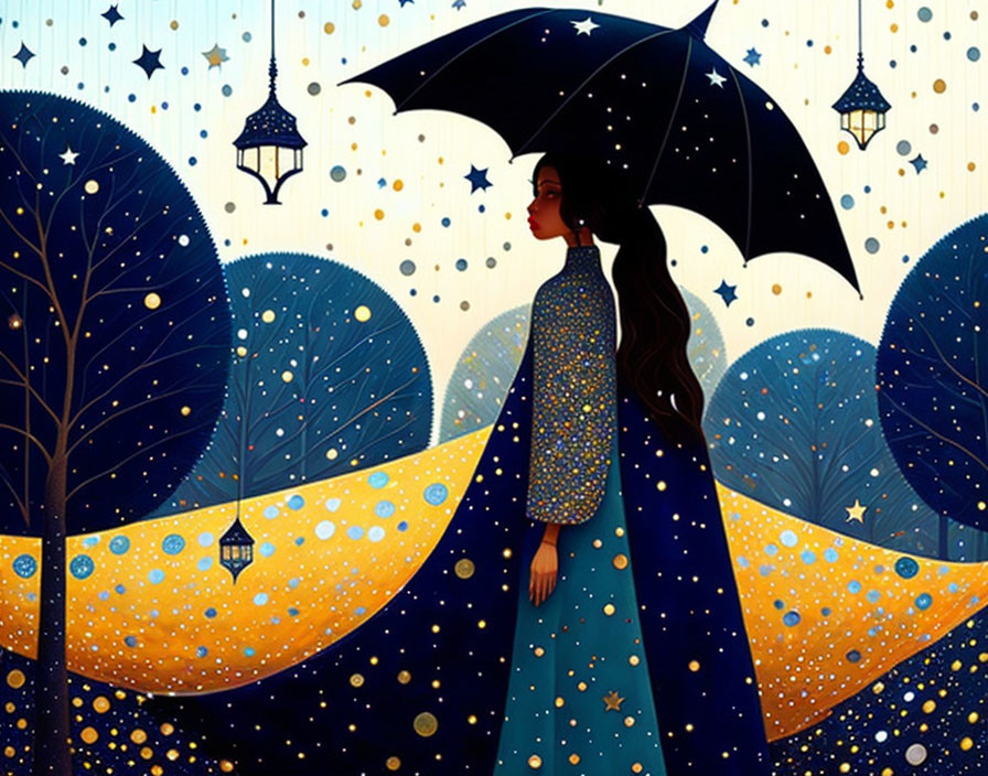 Illustration of woman with umbrella under starry sky and blue trees.